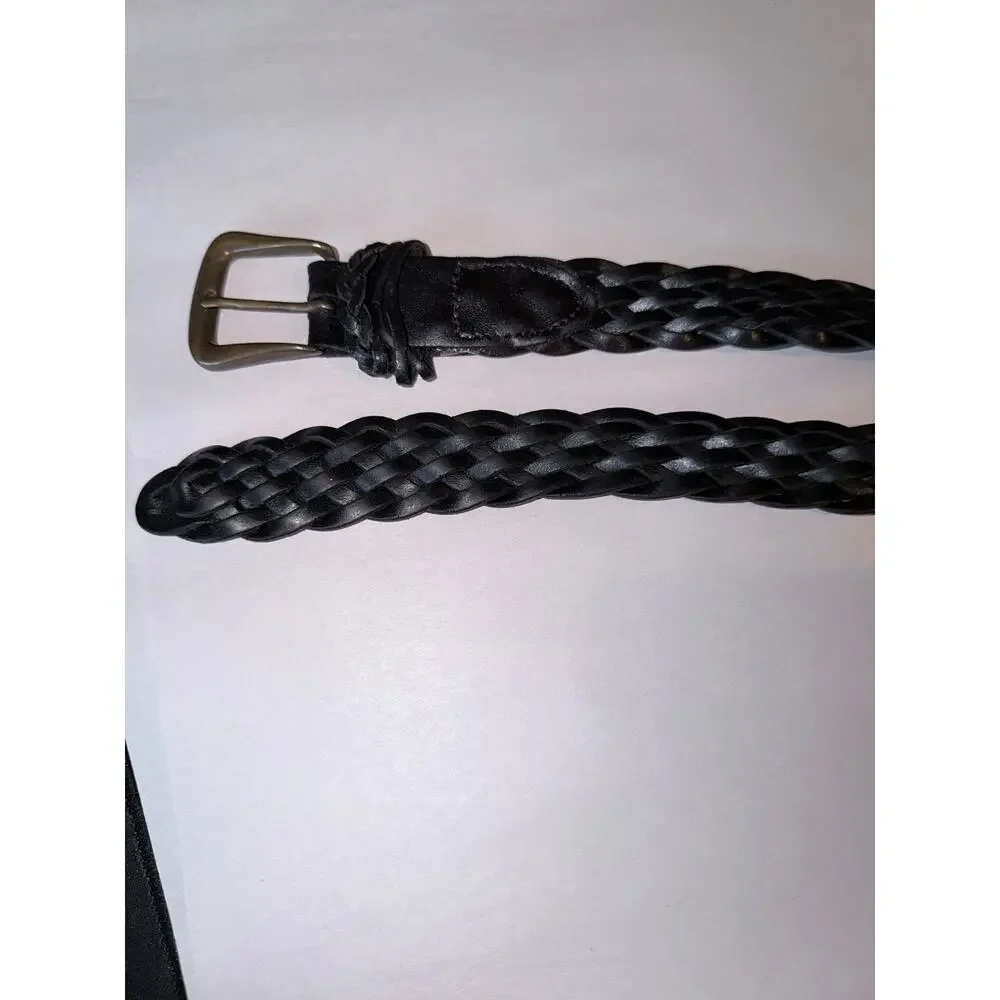 Women’s black leather braided belt brass buckle classic large 32